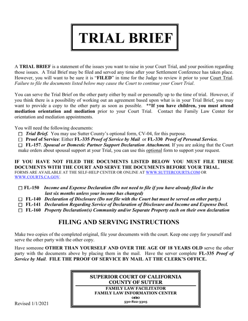 Form CV-04 Mandatory Settlement Conference Brief - Long Cause Hearing Brief - Trial Brief - County of Sutter, California