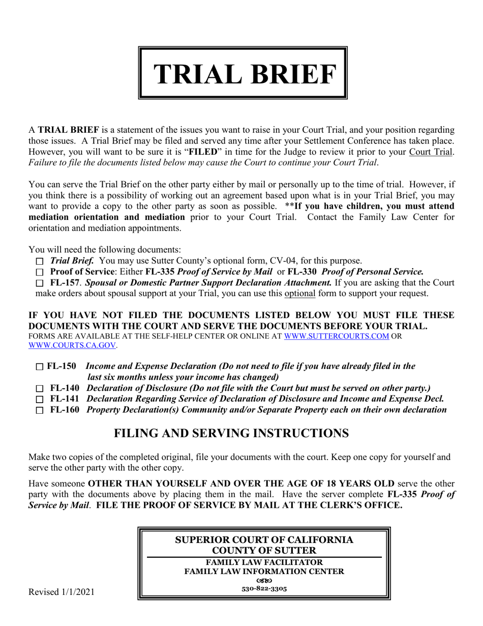 Form CV-04 Mandatory Settlement Conference Brief - Long Cause Hearing Brief - Trial Brief - County of Sutter, California, Page 1