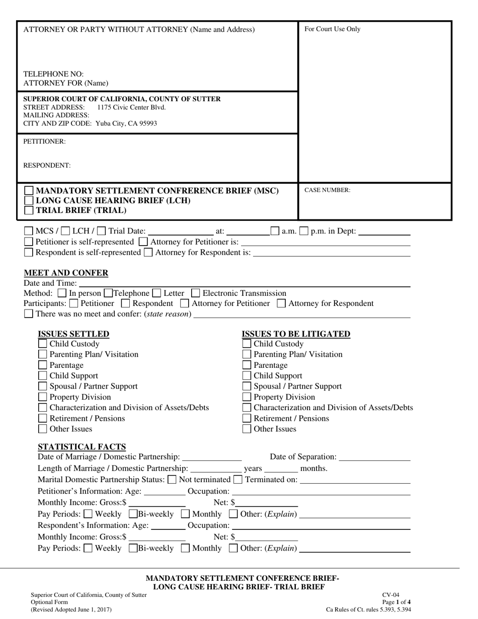 Form CV-04 Download Printable PDF or Fill Online Mandatory Settlement ...