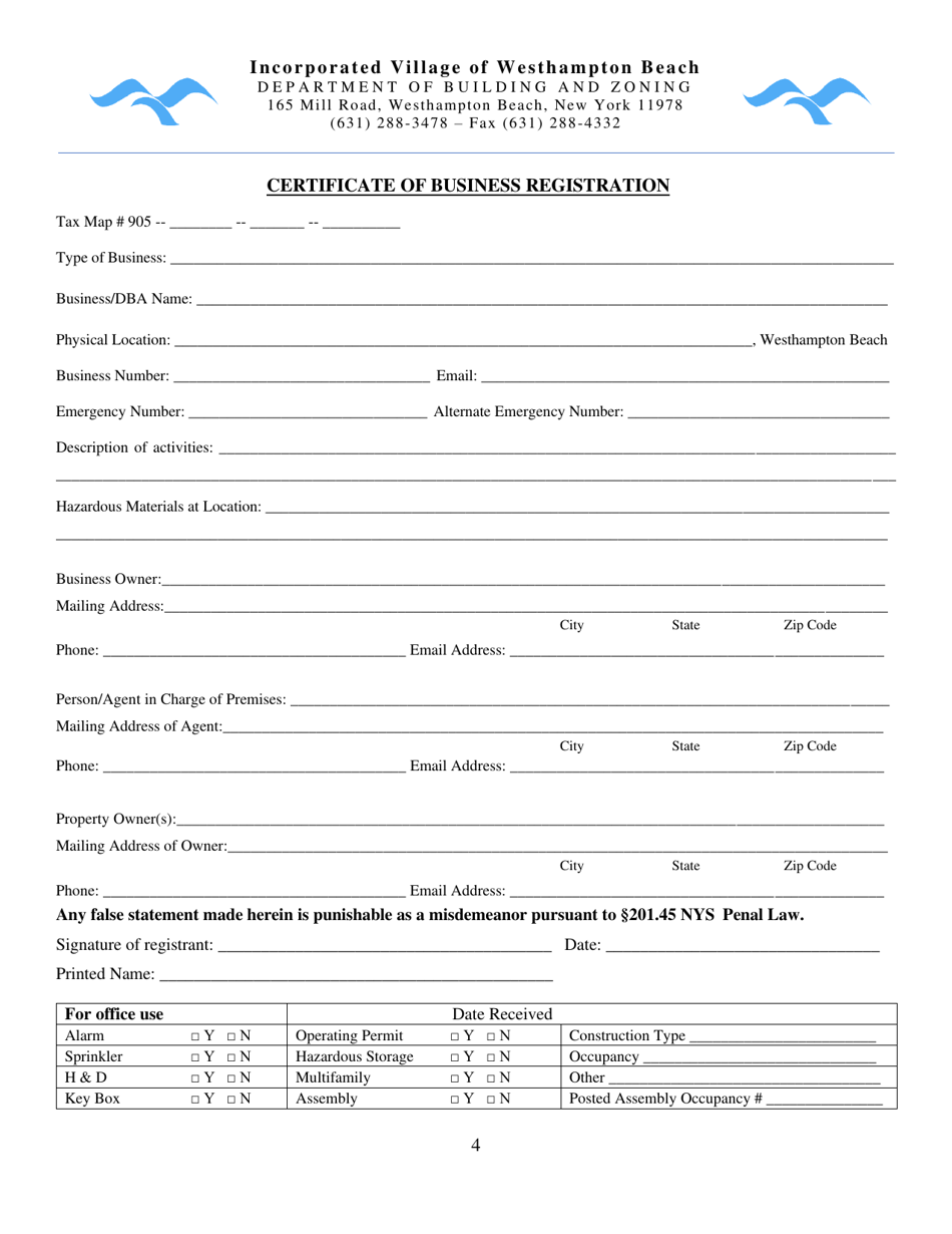 Village of Westhampton Beach, New York Occupancy/Use Permit Application