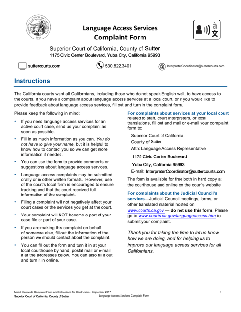 Language Access Services Complaint Form - County of Sutter, California Download Pdf