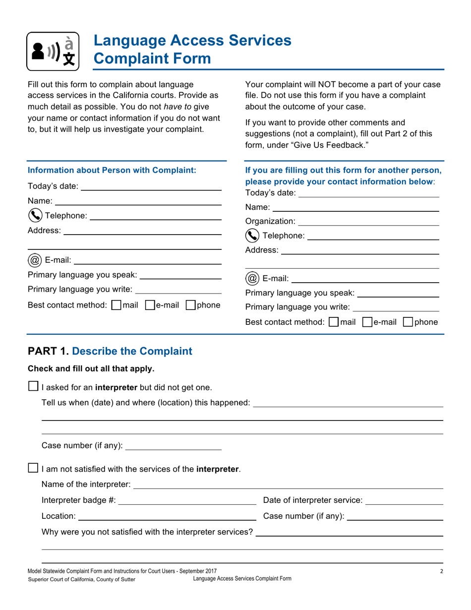 Language Access Services Complaint Form - County of Sutter, California, Page 2