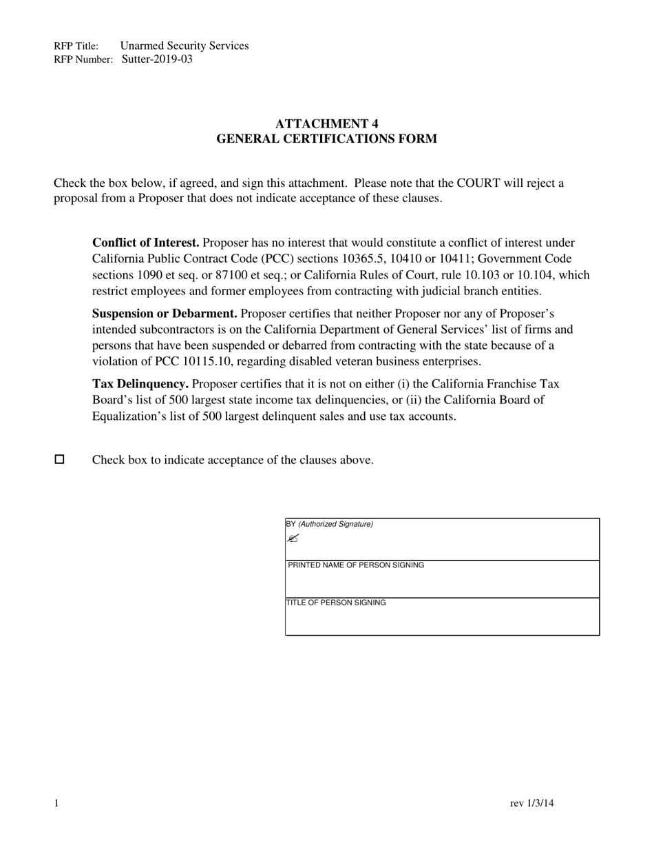 Attachment 4 General Certifications Form - County of Sutter, California, Page 1