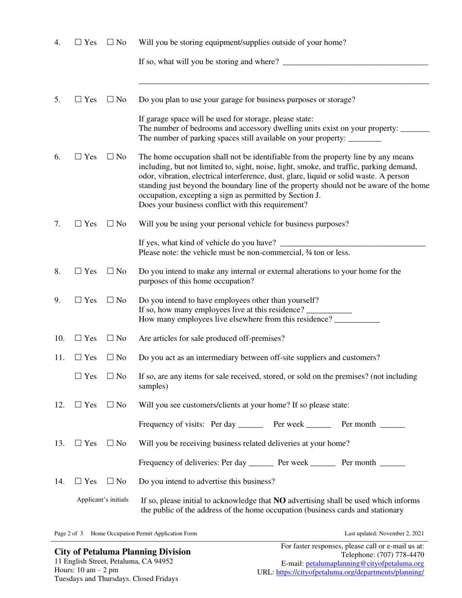 Home Occupation Permit Application Form - City of Petaluma, California, Page 2