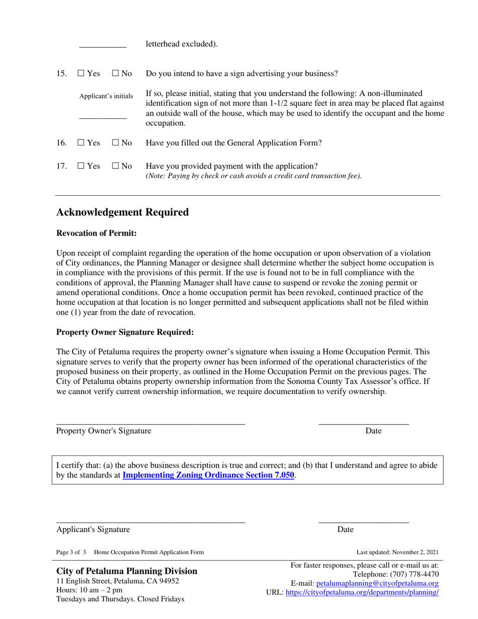 Home Occupation Permit Application Form - City of Petaluma, California, Page 3