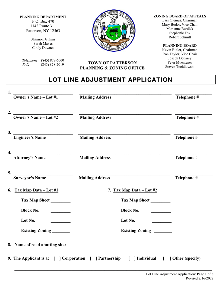 Lot Line Adjustment Application - Town of Patterson, New York, Page 1