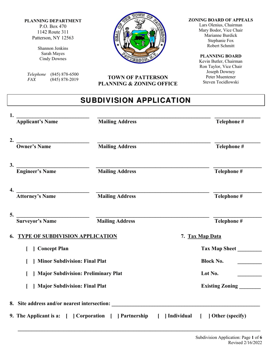 Subdivision Application - Town of Patterson, New York, Page 1