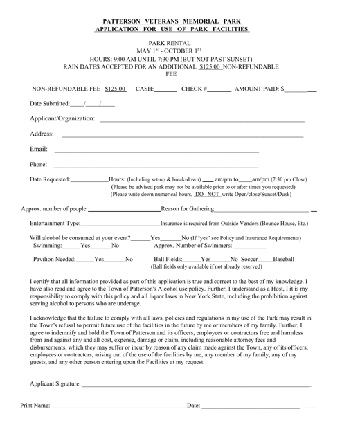 Application for Use of Park Facilities - Patterson Veterans Memorial Park - Town of Patterson, New York