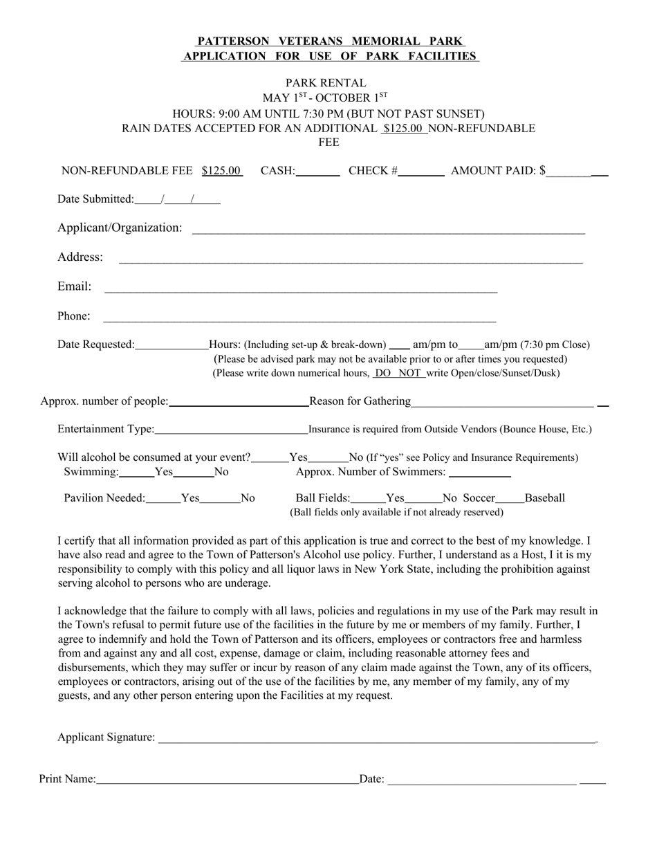 Application for Use of Park Facilities - Patterson Veterans Memorial Park - Town of Patterson, New York, Page 1