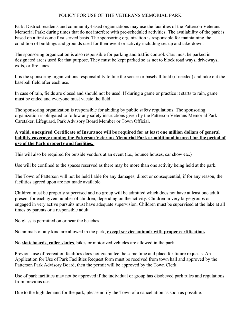 Application for Use of Park Facilities - Patterson Veterans Memorial Park - Town of Patterson, New York, Page 3