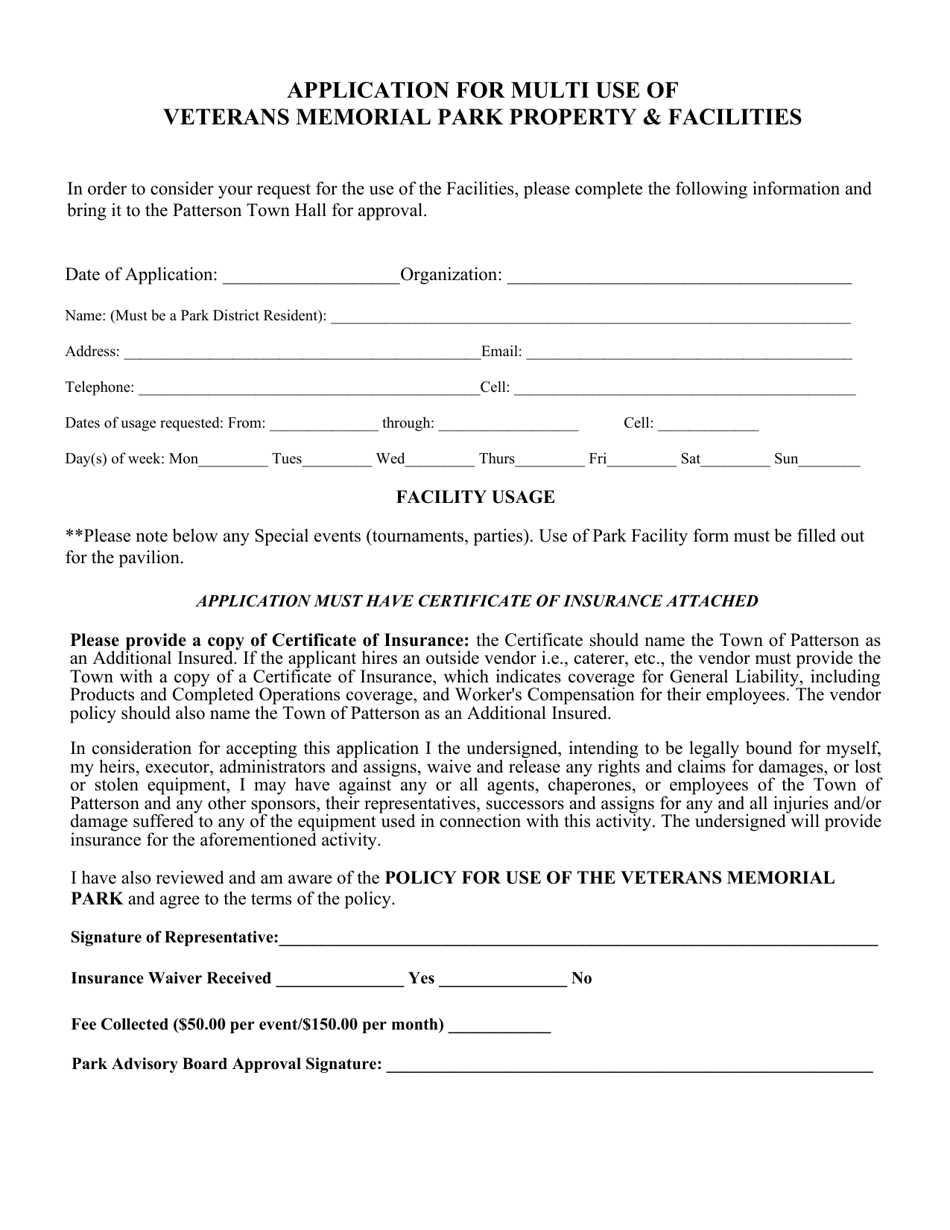 Application for Multi Use of Veterans Memorial Park Property  Facilities - Town of Patterson, New York, Page 1