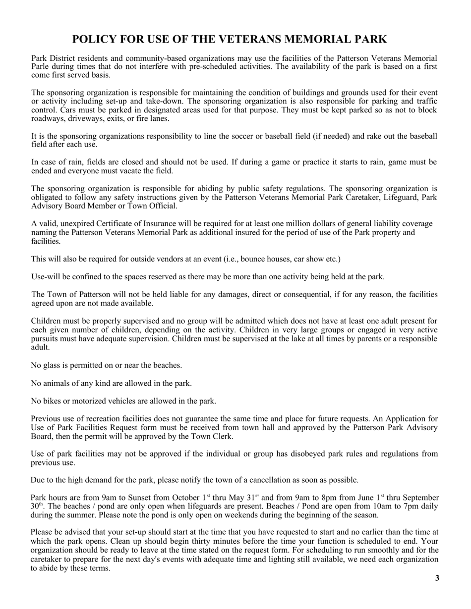 Application for Multi Use of Veterans Memorial Park Property  Facilities - Town of Patterson, New York, Page 3