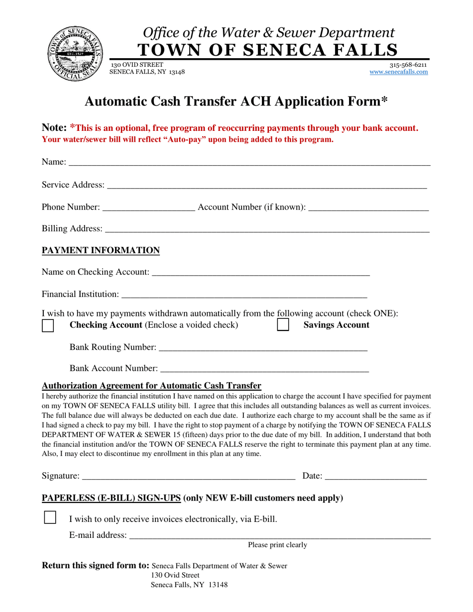 Automatic Cash Transfer ACH Application Form - Town of Seneca Falls, New York, Page 1