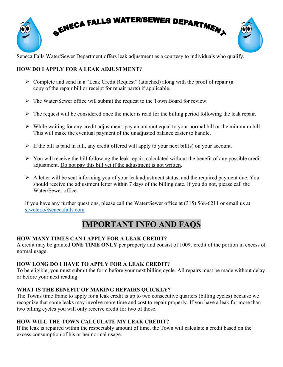 Town of Seneca Falls, New York Water Leak Credit Form Fill Out, Sign