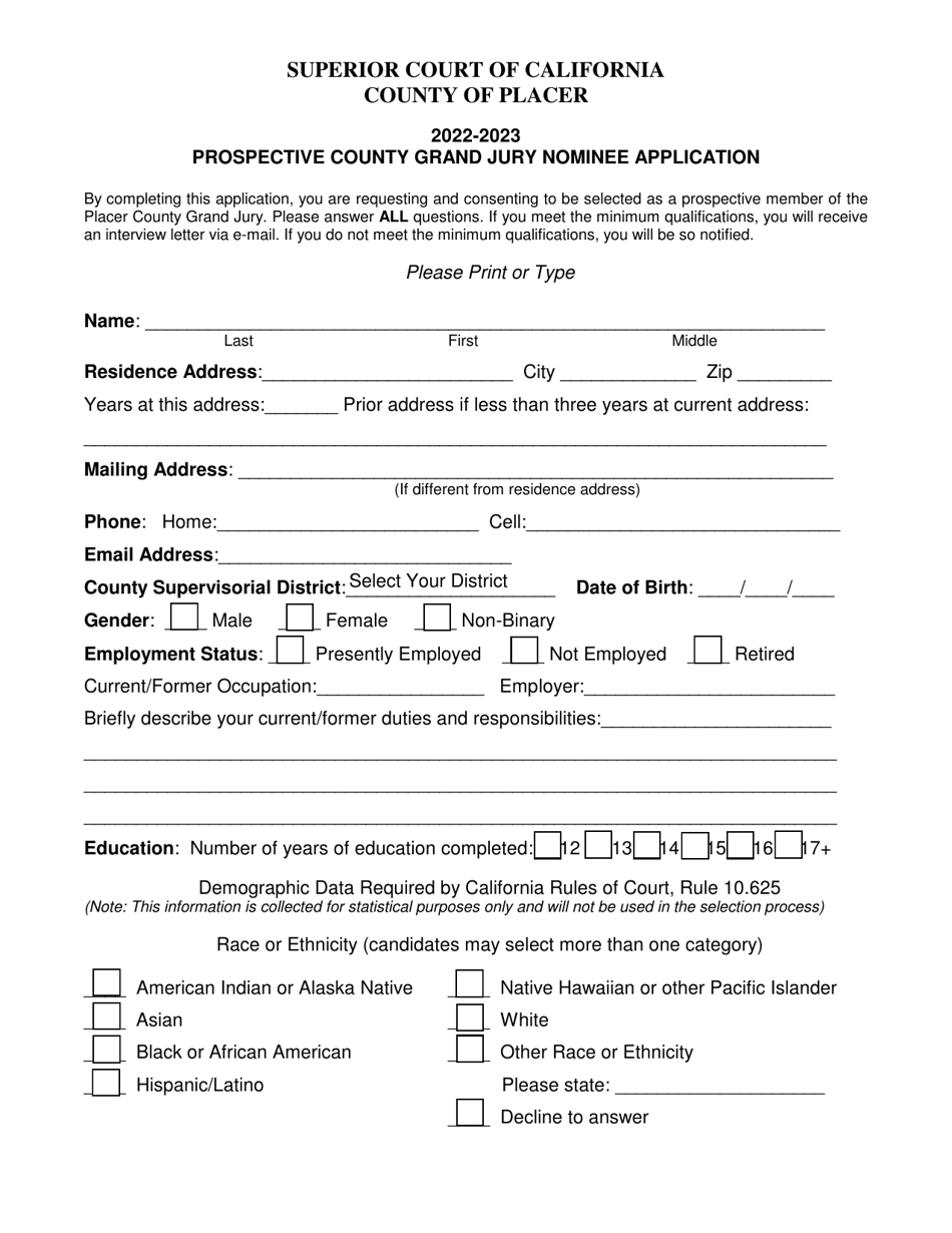 Prospective County Grand Jury Nominee Application - County of Placer, California, Page 1