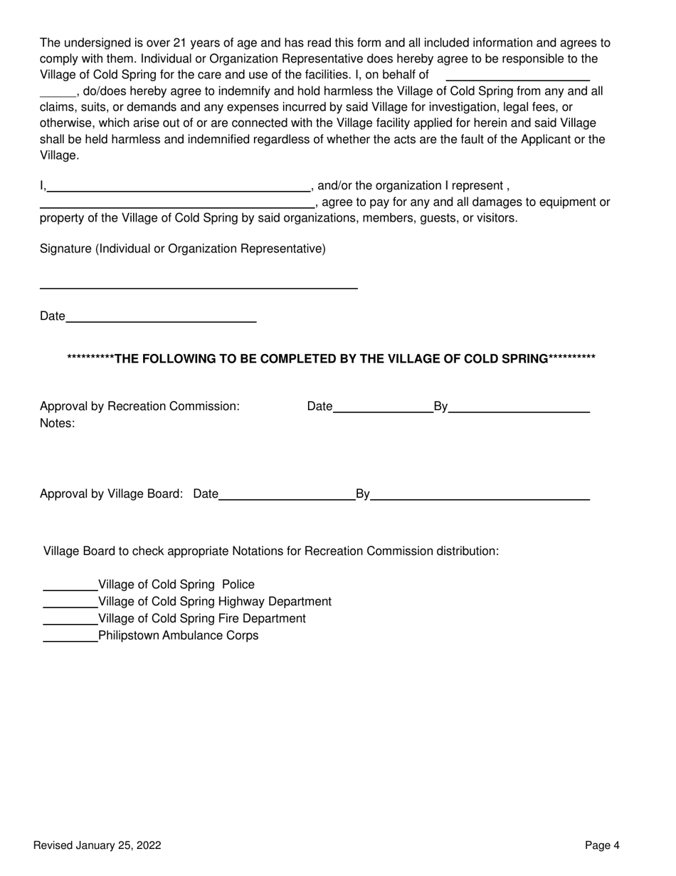 Application for Non-ticketed Use of Mayors Park Fields, Mayors Park Pavilion, Mcconville Park, or Bandstand - Village of Cold Spring, New York, Page 4