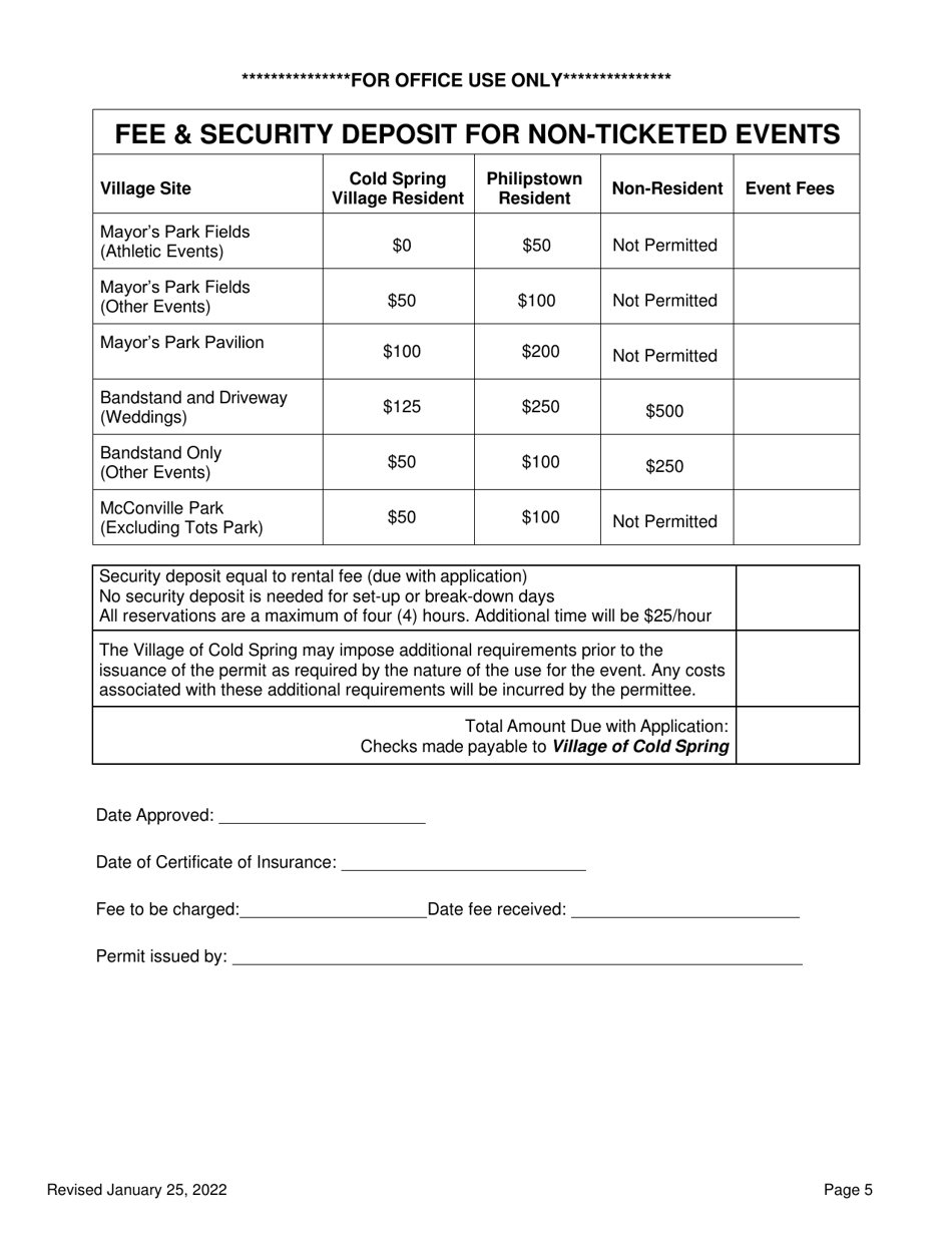 Application for Non-ticketed Use of Mayors Park Fields, Mayors Park Pavilion, Mcconville Park, or Bandstand - Village of Cold Spring, New York, Page 5