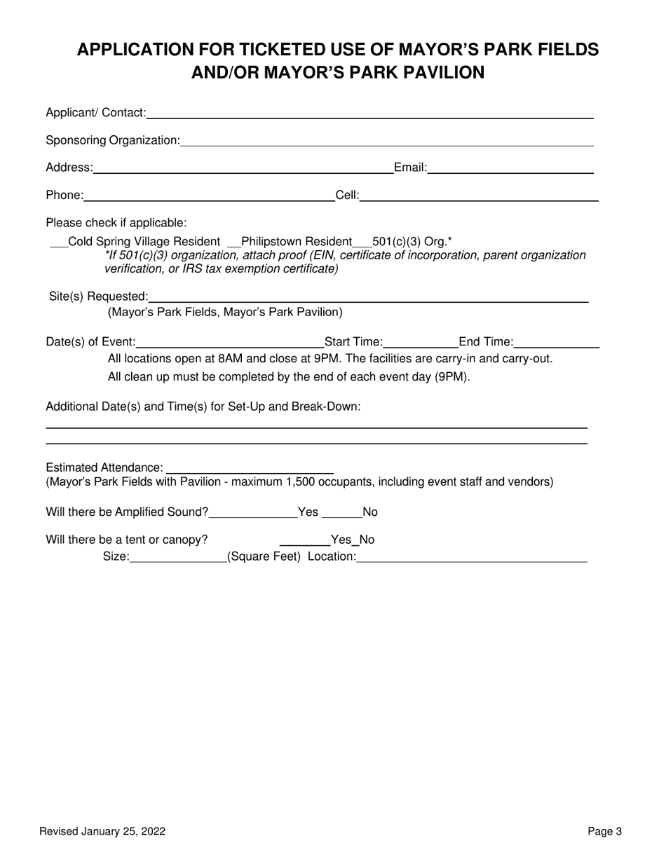 Application for Ticketed Use of Mayors Park Fields and / or Mayors Park Pavilion - Village of Cold Spring, New York, Page 3