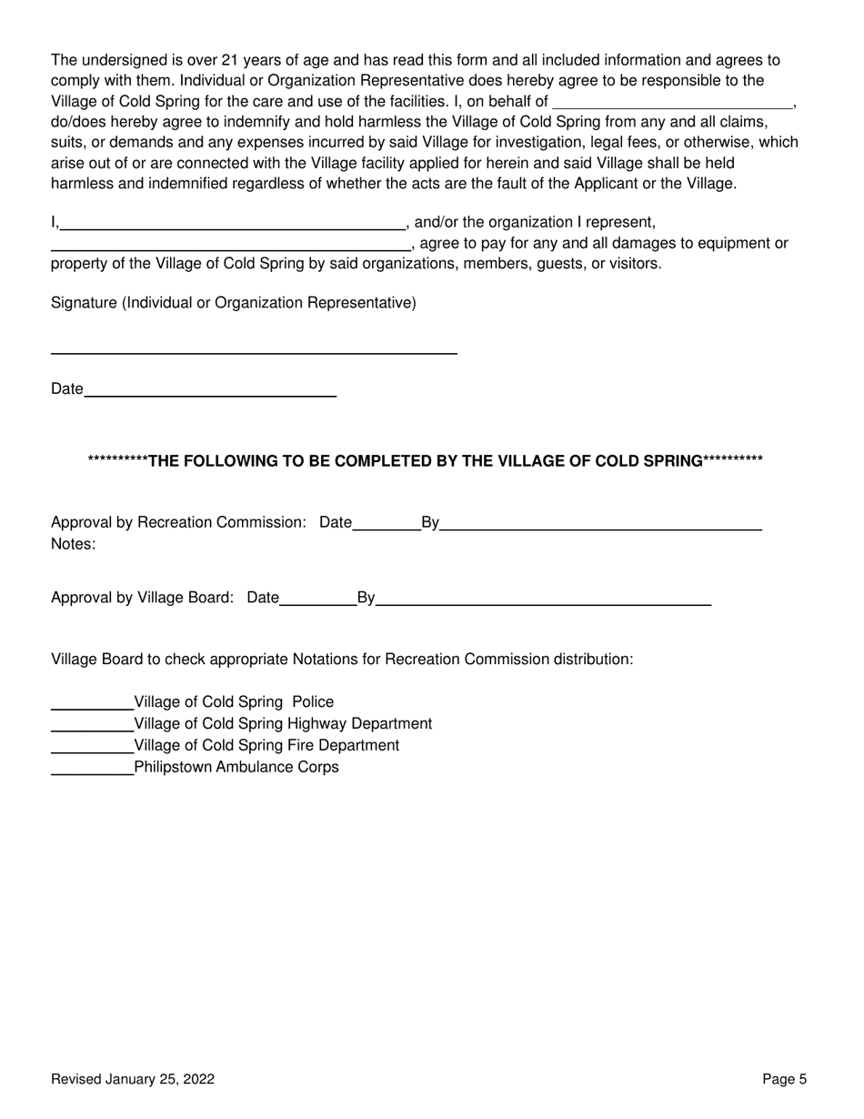 Application for Ticketed Use of Mayors Park Fields and / or Mayors Park Pavilion - Village of Cold Spring, New York, Page 5