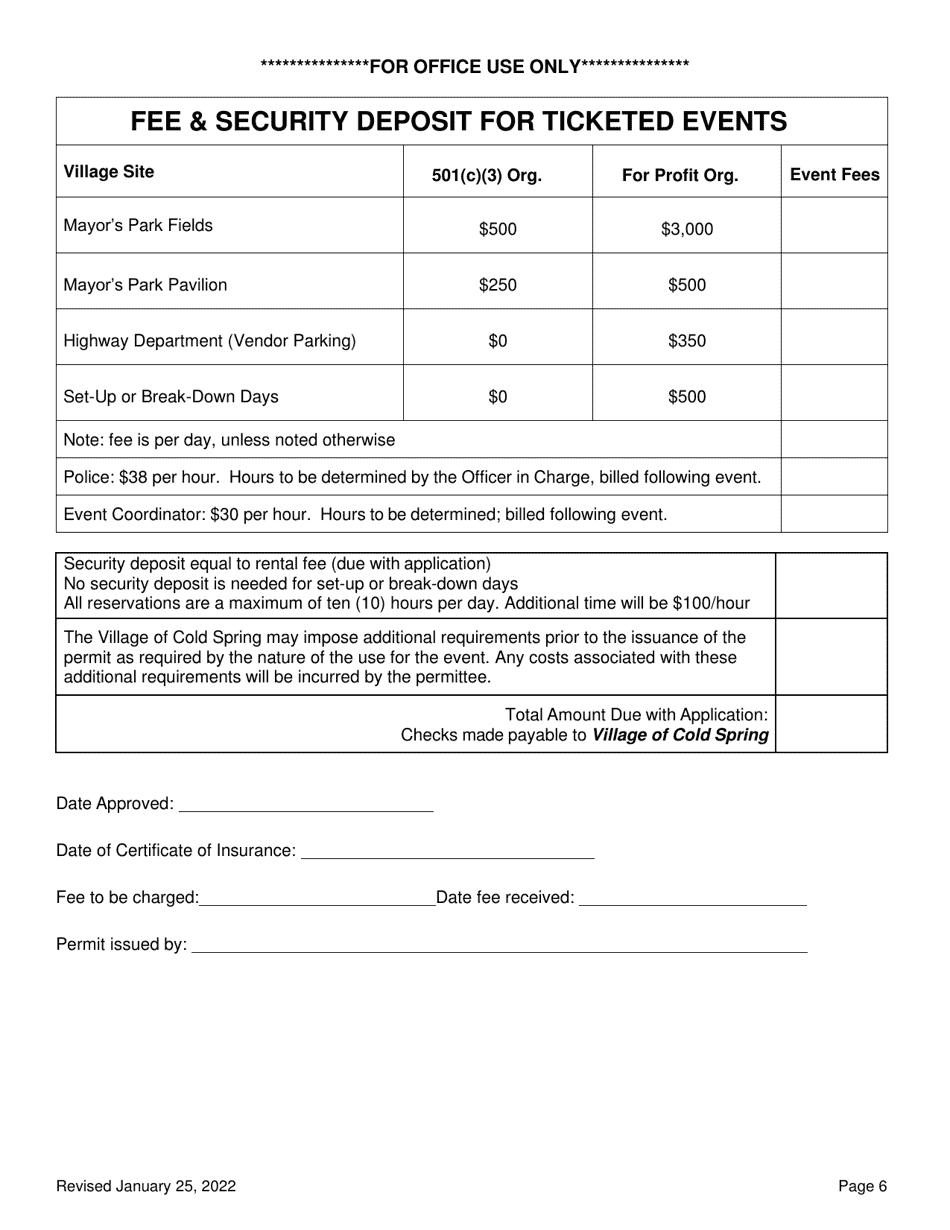Application for Ticketed Use of Mayors Park Fields and / or Mayors Park Pavilion - Village of Cold Spring, New York, Page 6