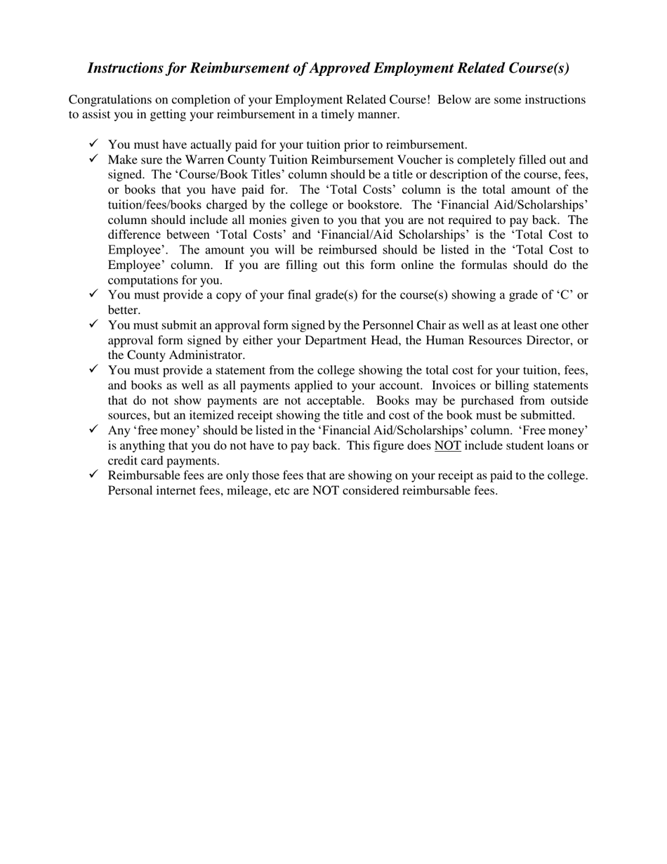 Instructions for Reimbursement for Employment Related Educational / Professional Course Work - Warren County, New York, Page 1