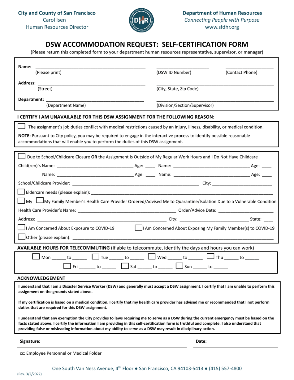 Dsw Accommodation Request: Self-certification Form - City and County of San Francisco, California, Page 1