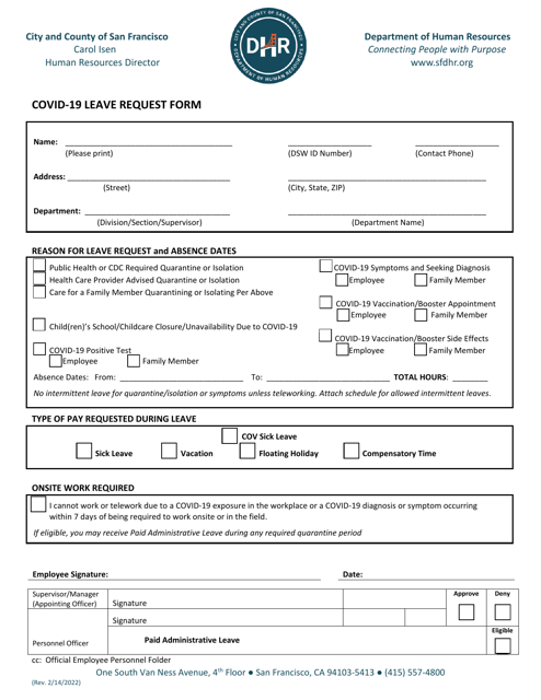Covid-19 Leave Request Form - City and County of San Francisco, California Download Pdf