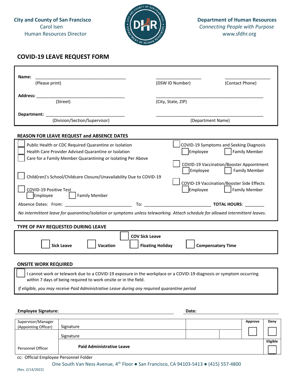 Covid-19 Leave Request Form - City and County of San Francisco, California, Page 1