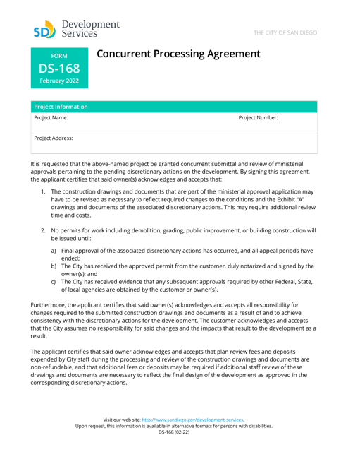 Form DS-168 Concurrent Processing Agreement - City of San Diego, California