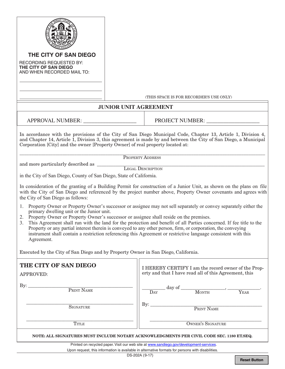 Form DS-202A Junior Unit Agreement - City of San Diego, California, Page 1