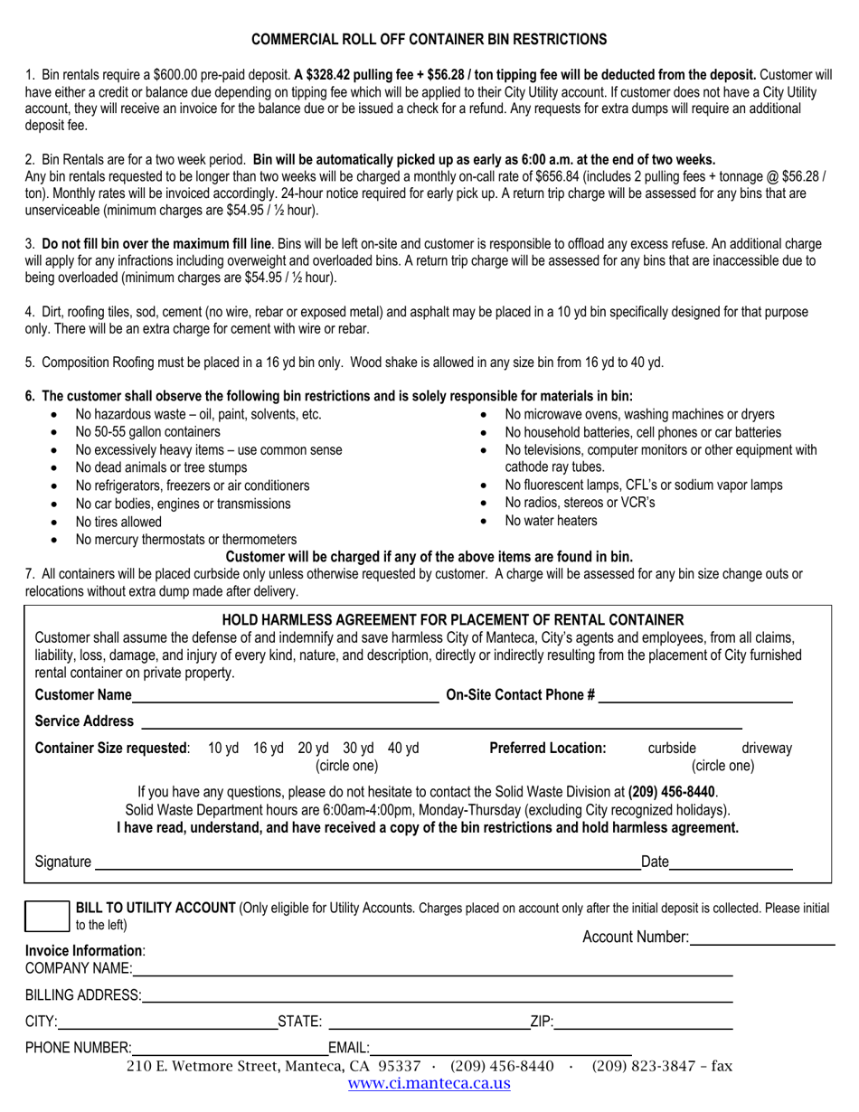 Commercial Roll off Container Bin Restrictions - City of Manteca, California, Page 1