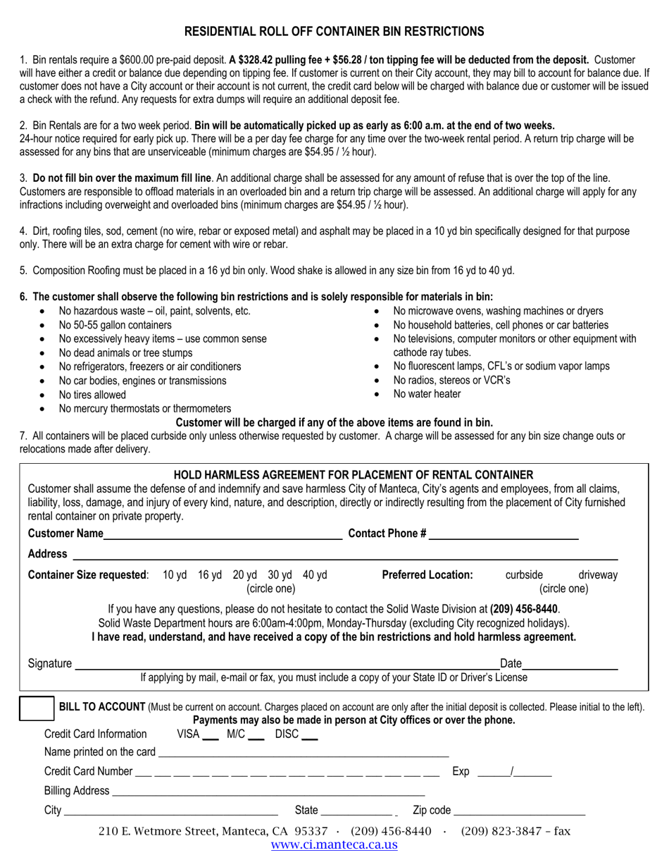 Residential Roll off Container Bin Restrictions - City of Manteca, California, Page 1