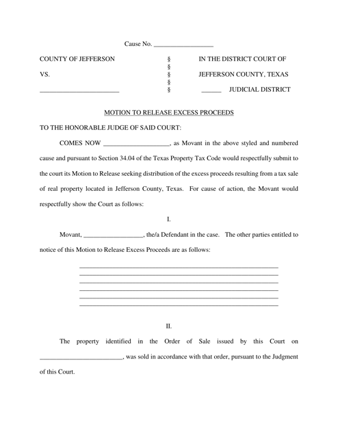 Motion to Release Excess Proceeds - Jefferson County, Texas Download Pdf