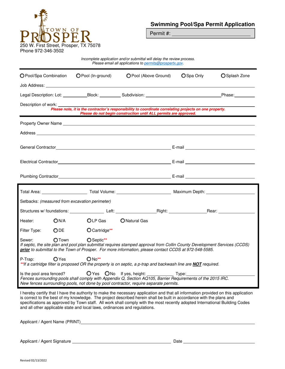 Swimming Pool/SPA Permit Application - Town of Prosper, Texas, Page 1