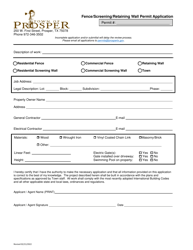 Document preview: Fence/Screening/Retaining Wall Permit Application - Town of Prosper, Texas