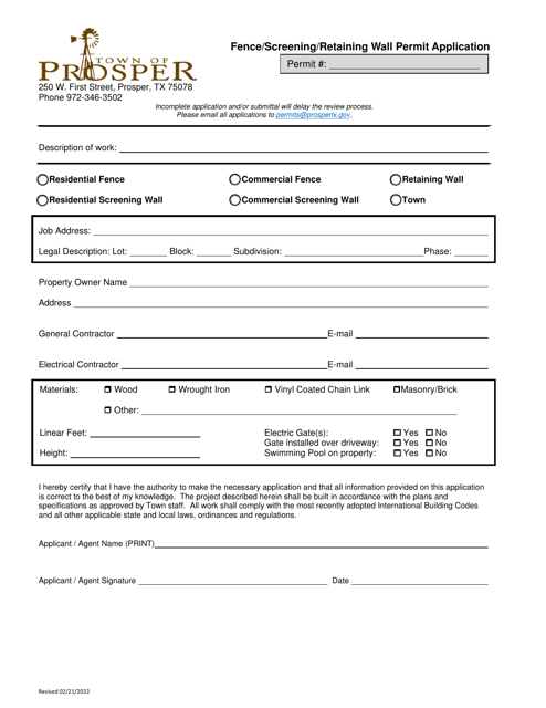 Fence / Screening / Retaining Wall Permit Application - Town of Prosper, Texas Download Pdf