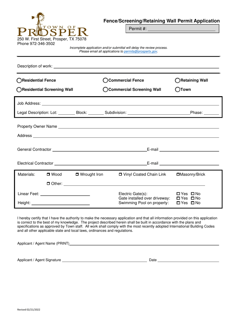 Fence / Screening / Retaining Wall Permit Application - Town of Prosper, Texas, Page 1