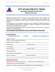 Document preview: Amusement Machines Occupationalpermit Application - Haltom City, Texas