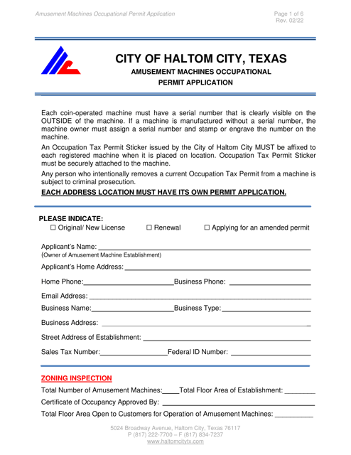 Amusement Machines Occupationalpermit Application - Haltom City, Texas Download Pdf