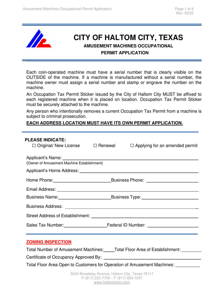 Haltom City, Texas Amusement Machines Occupationalpermit Application ...