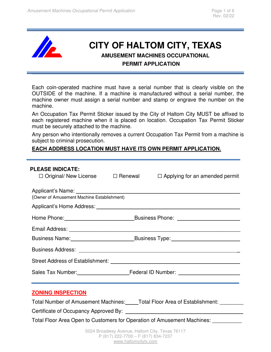 Amusement Machines Occupationalpermit Application - Haltom City, Texas, Page 1