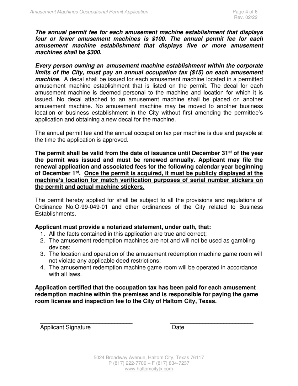 Amusement Machines Occupationalpermit Application - Haltom City, Texas, Page 4