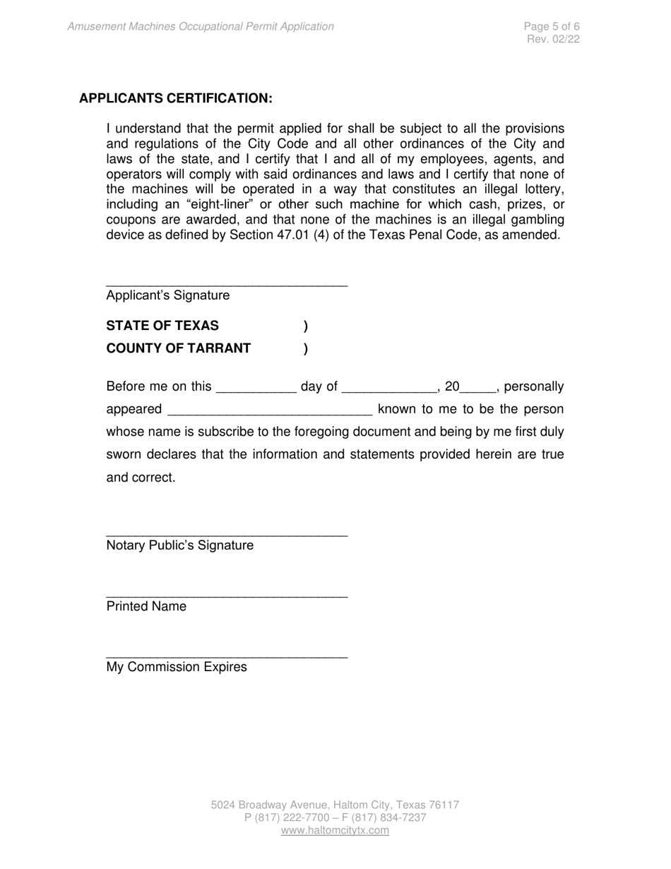 Amusement Machines Occupationalpermit Application - Haltom City, Texas, Page 5