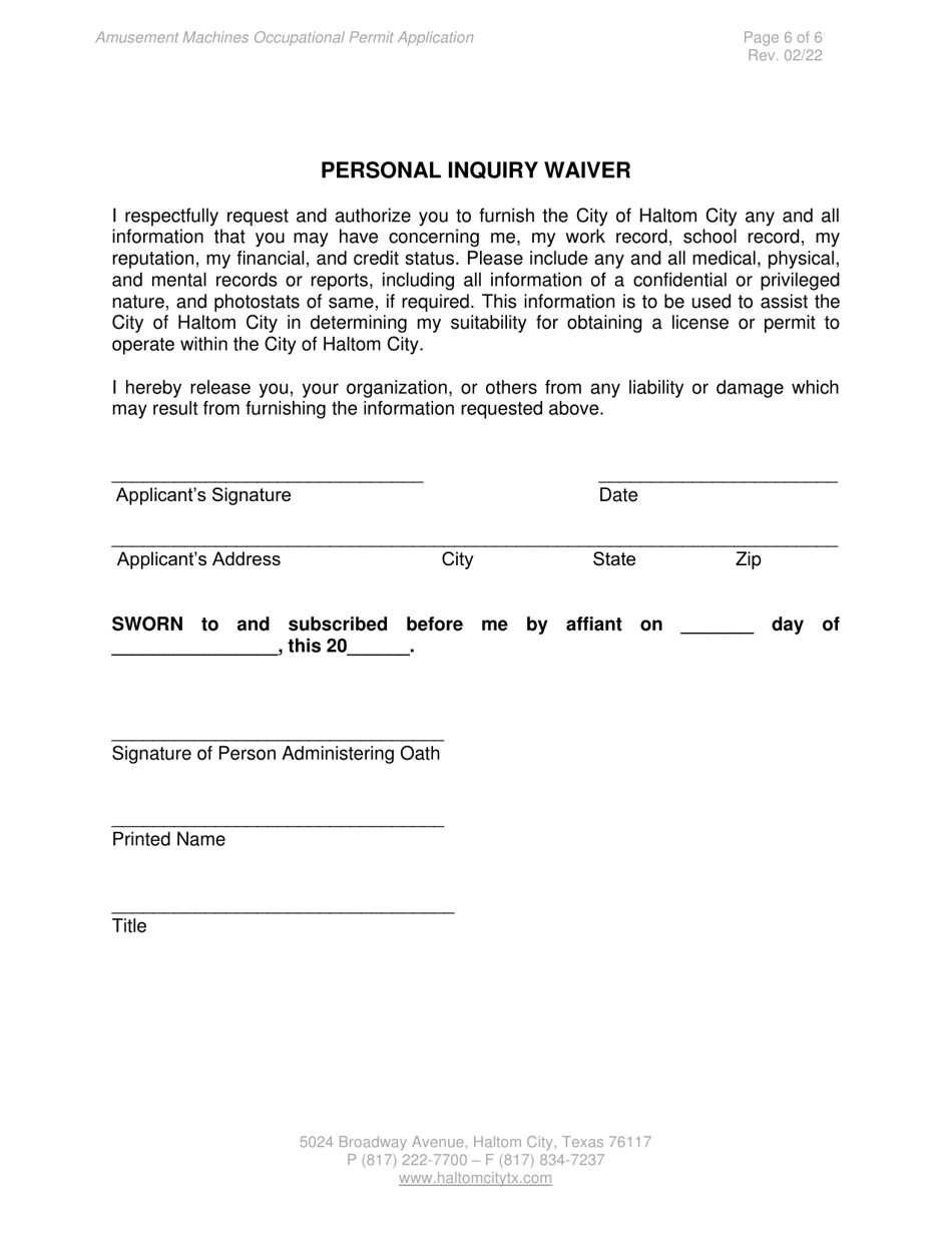 Amusement Machines Occupationalpermit Application - Haltom City, Texas, Page 6