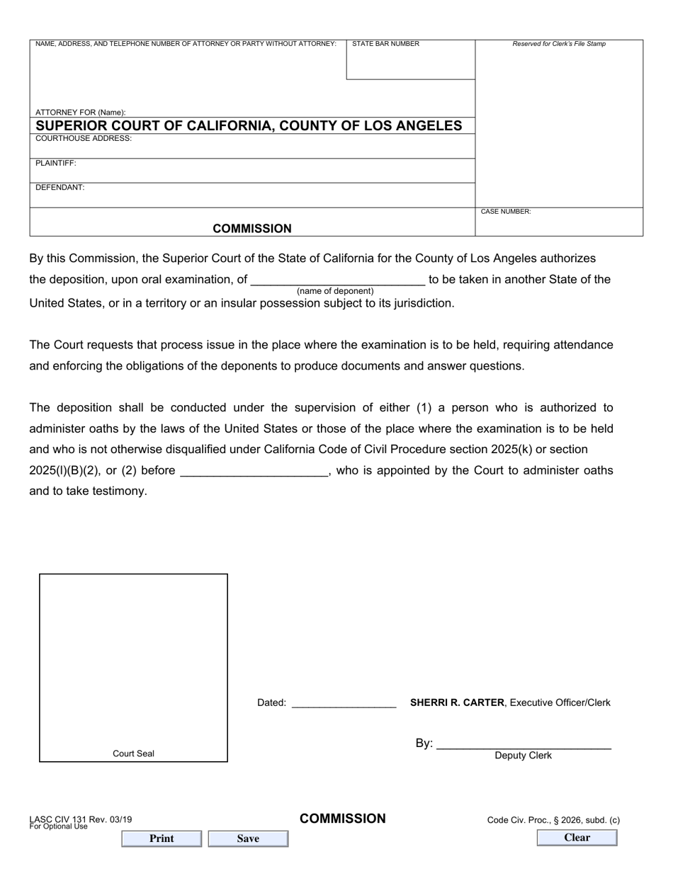 Form LACIV131 Commission - County of Los Angeles, California, Page 1