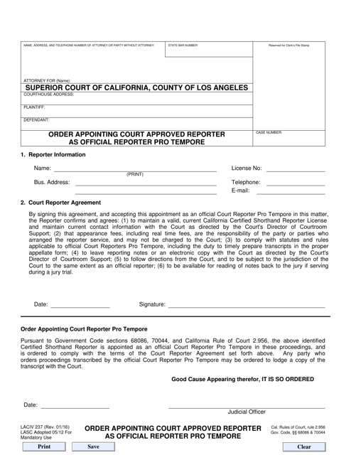 Form LACIV237  Printable Pdf