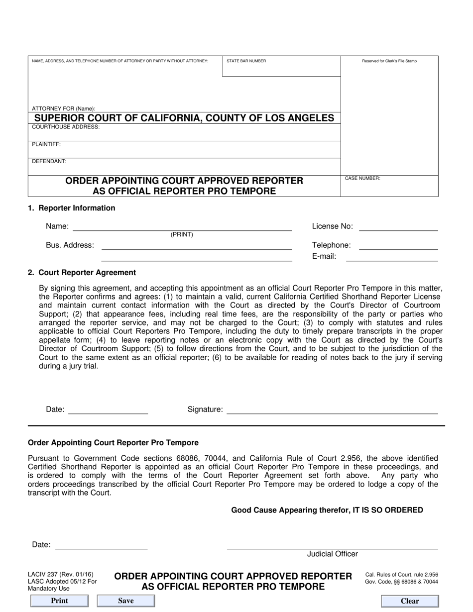 Form LACIV237 Order Appointing Court Approved Reporter as Official Reporter Pro Tempore - County of Los Angeles, California, Page 1