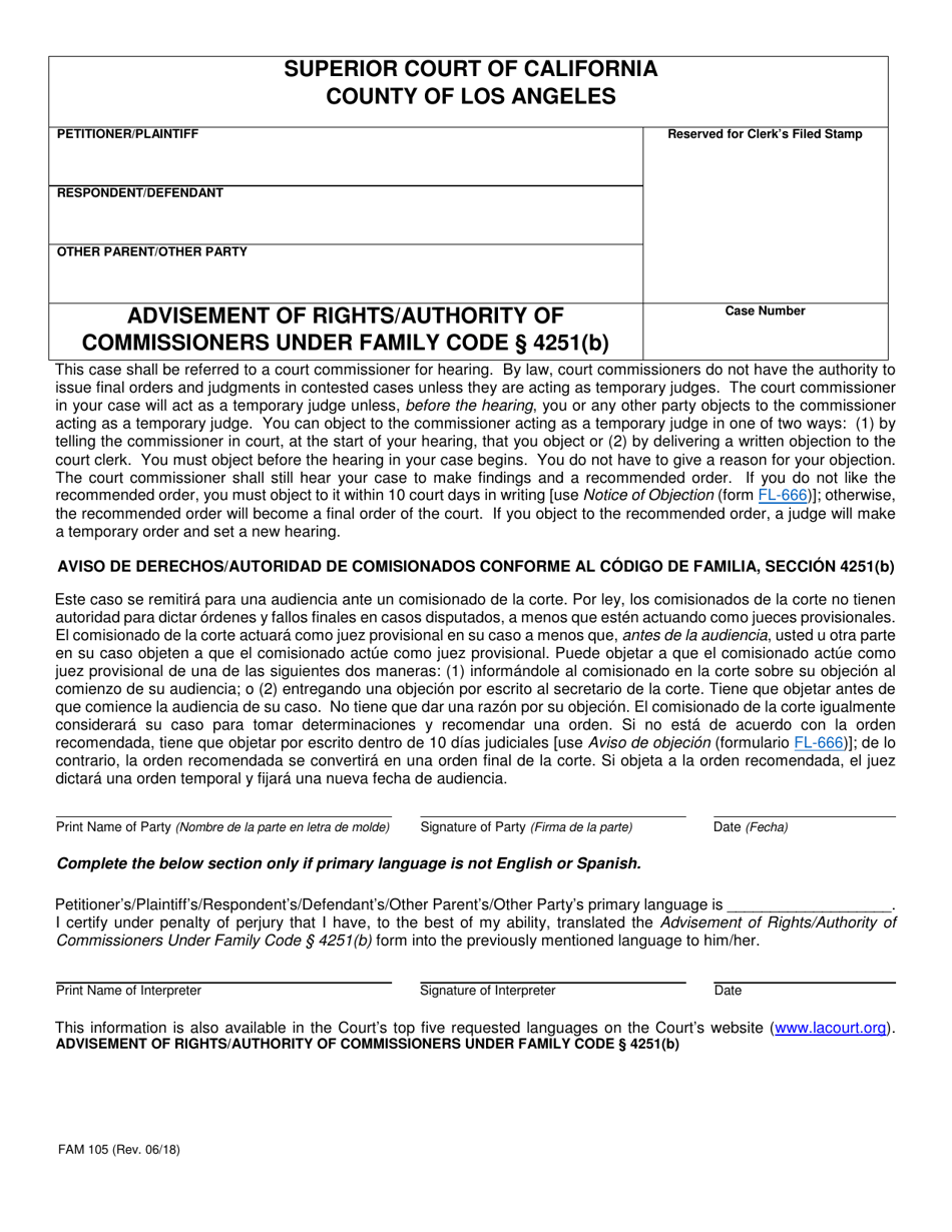 Form FAM105 Advisement of Rights / Authority of Commissioners Under Family Code 4251(B) - County of Los Angeles, California, Page 1