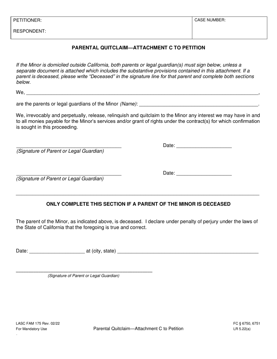 Form FAM175 Attachment C Parental Quitclaim - Attachment to Petition - County of Los Angeles, California, Page 1