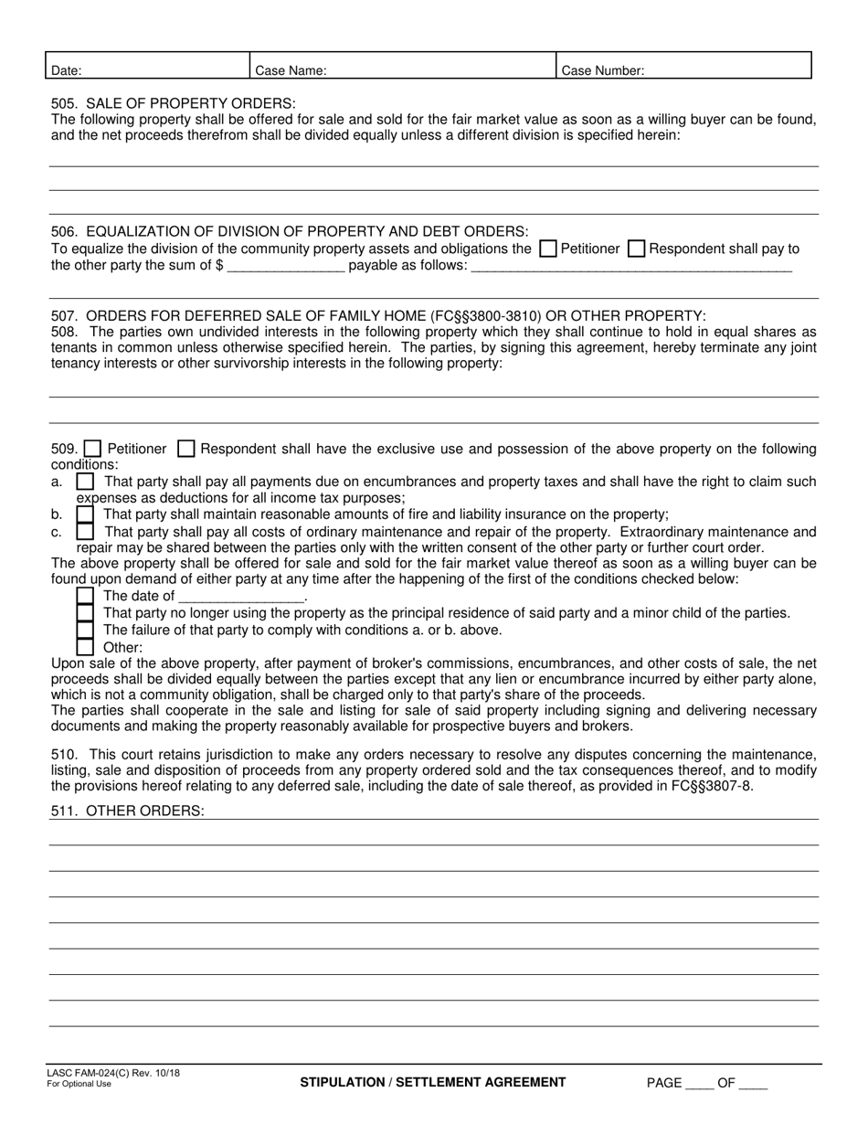 Form LASC FAM024(C) Stipulation / Settlement Agreement - County of Los Angeles, California, Page 2